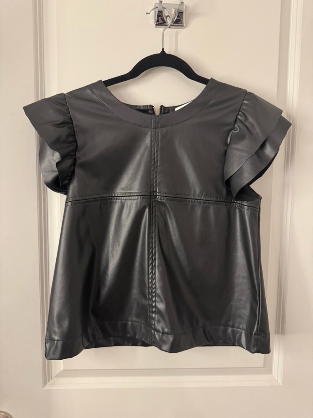 Ces Femme Faux Leather Ruffle Sleeve Top - Black Size M